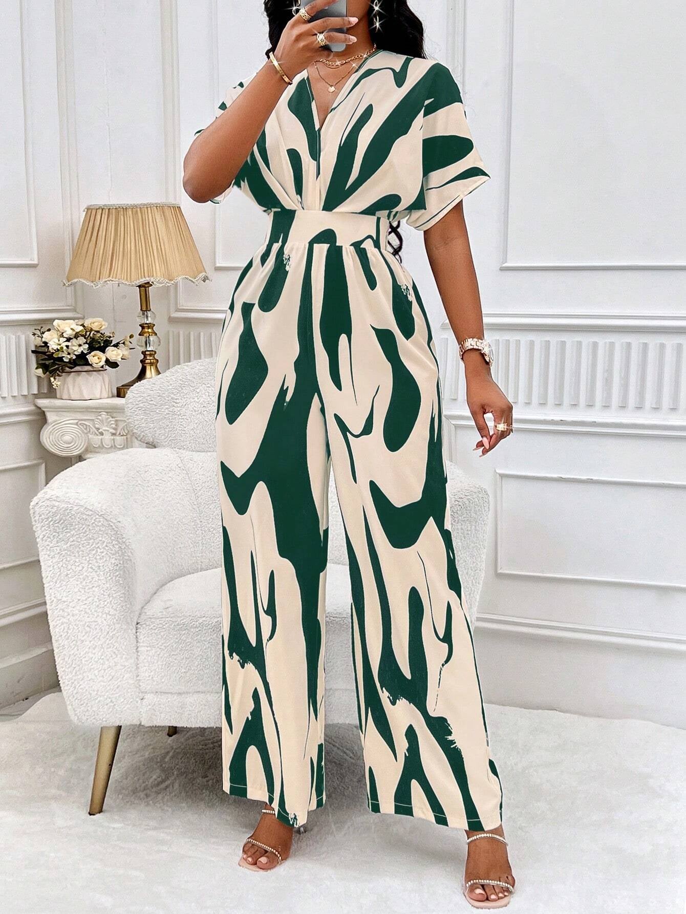 SOLERSUN Allover Print Batwing Sleeve Shirt Jumpsuit