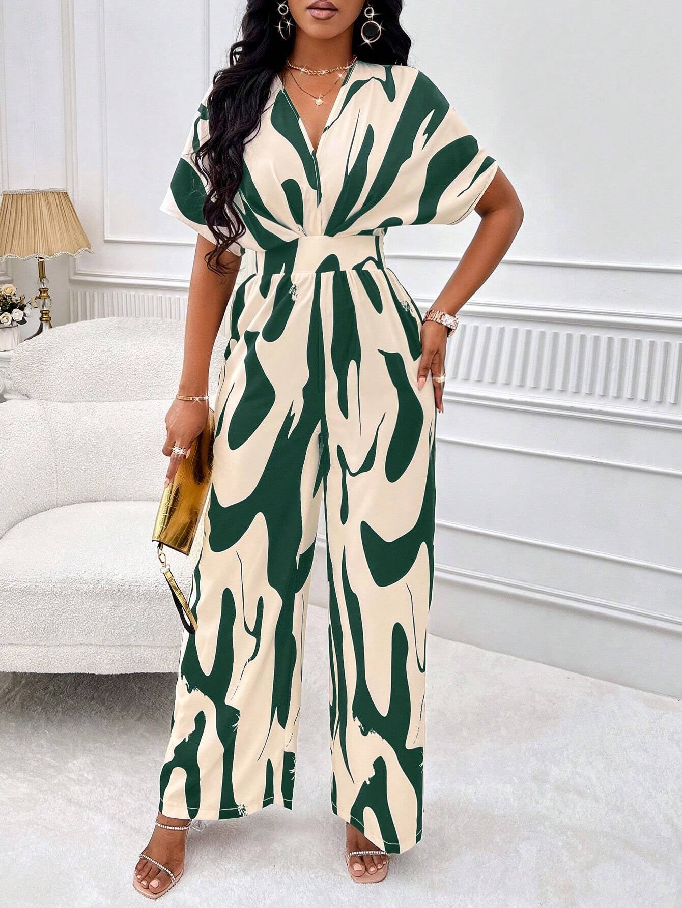 SOLERSUN Allover Print Batwing Sleeve Shirt Jumpsuit