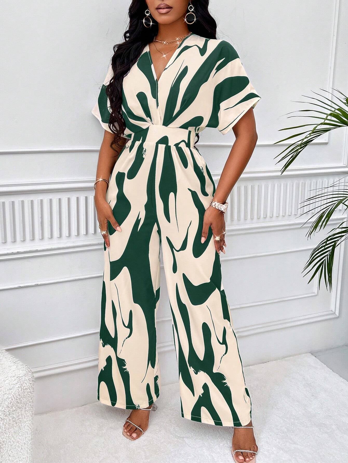 SOLERSUN Allover Print Batwing Sleeve Shirt Jumpsuit