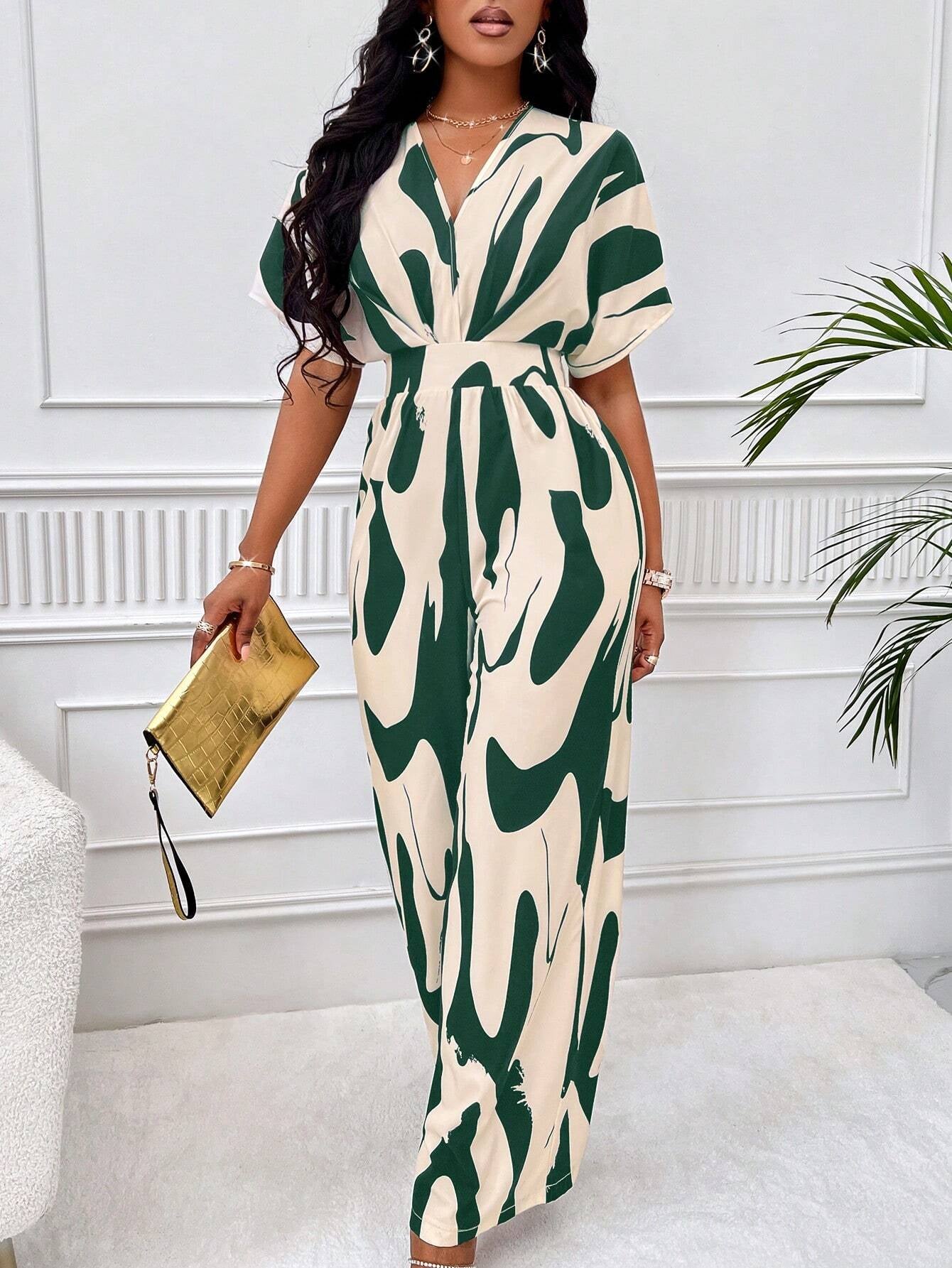 SOLERSUN Allover Print Batwing Sleeve Shirt Jumpsuit
