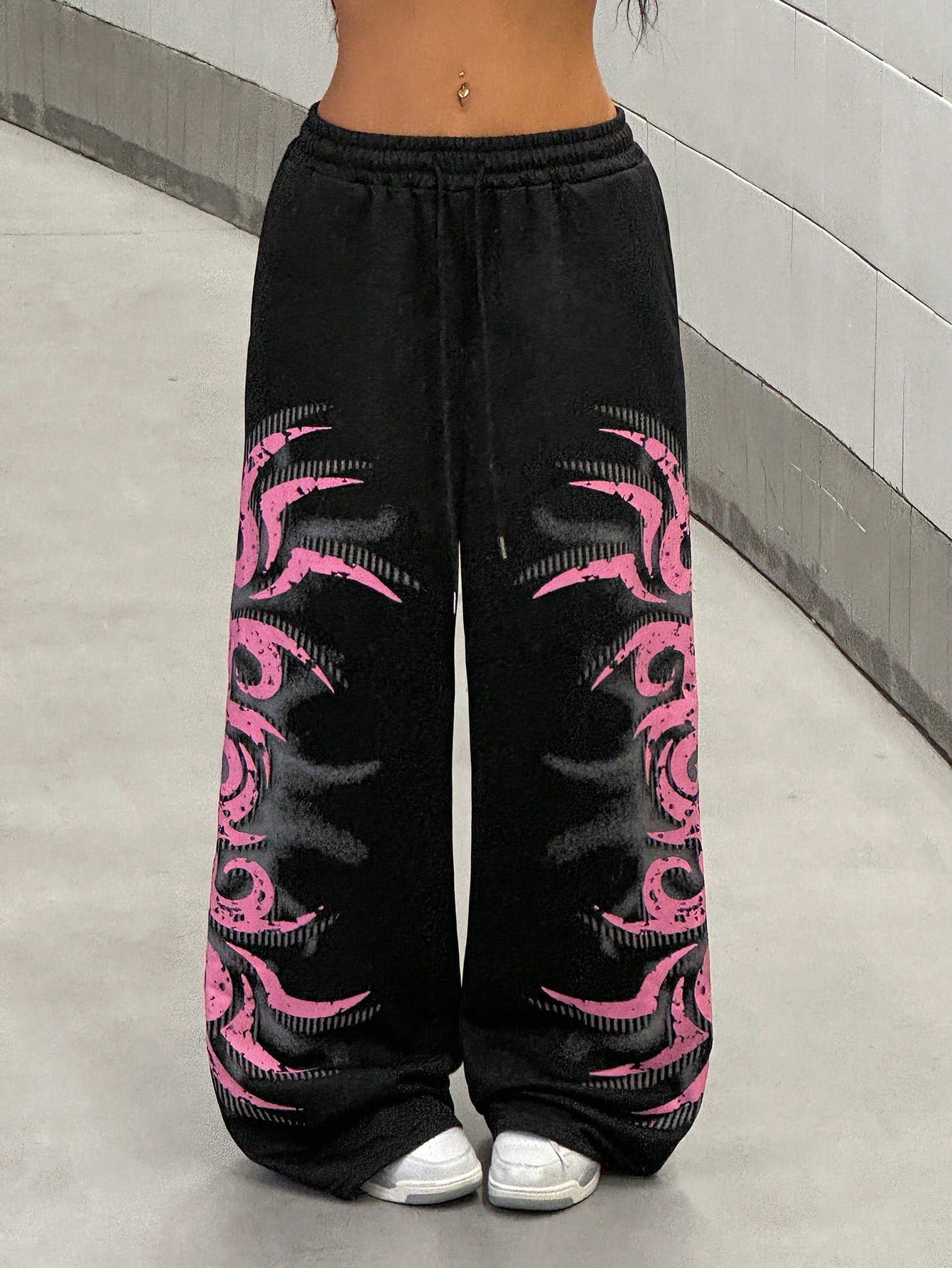Streethx Women'S Black Dark Punk Streetwear Oversized Music Festival Pink Gothic Print Pants, Spring/Summer