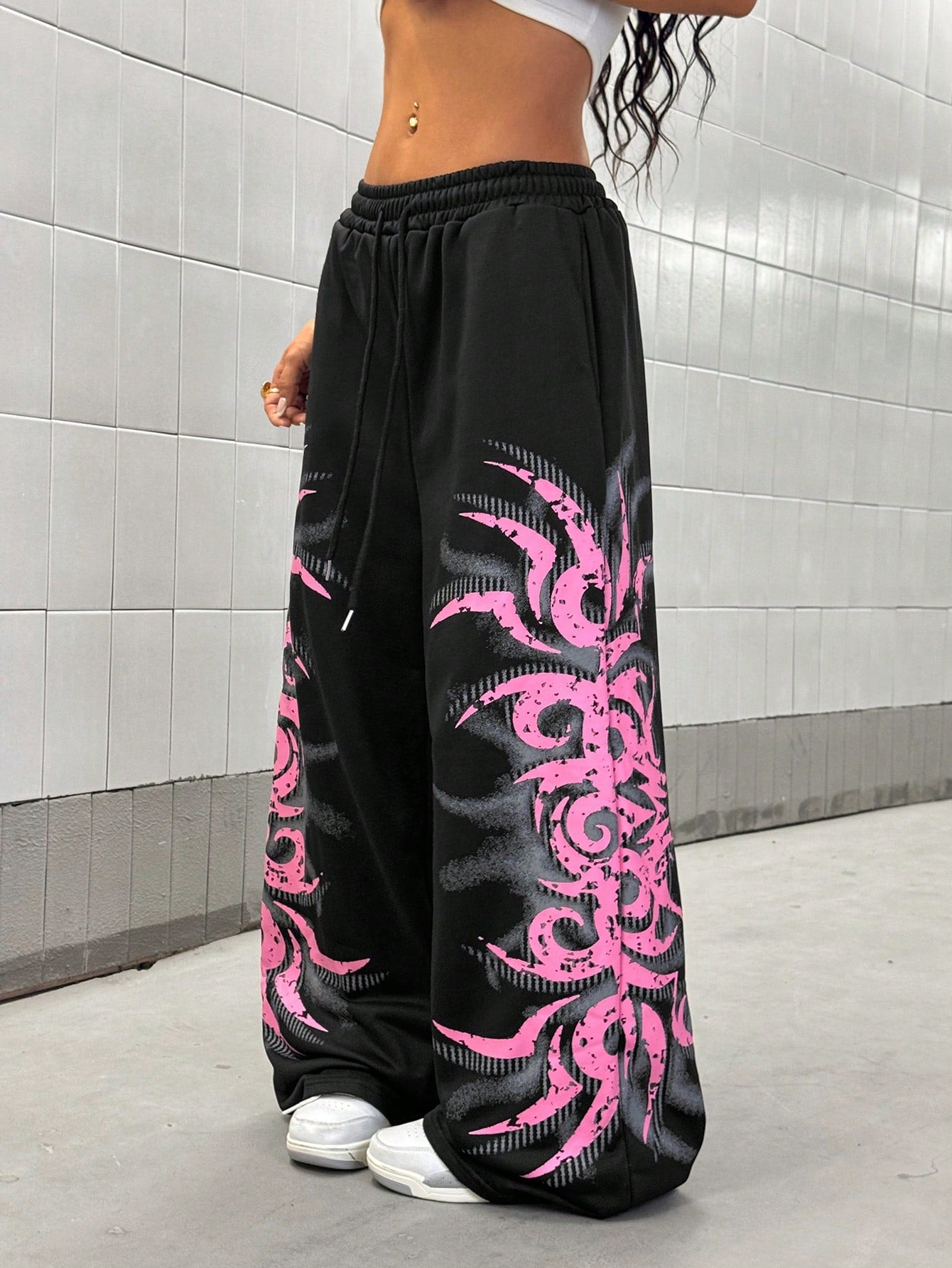 Streethx Women'S Black Dark Punk Streetwear Oversized Music Festival Pink Gothic Print Pants, Spring/Summer