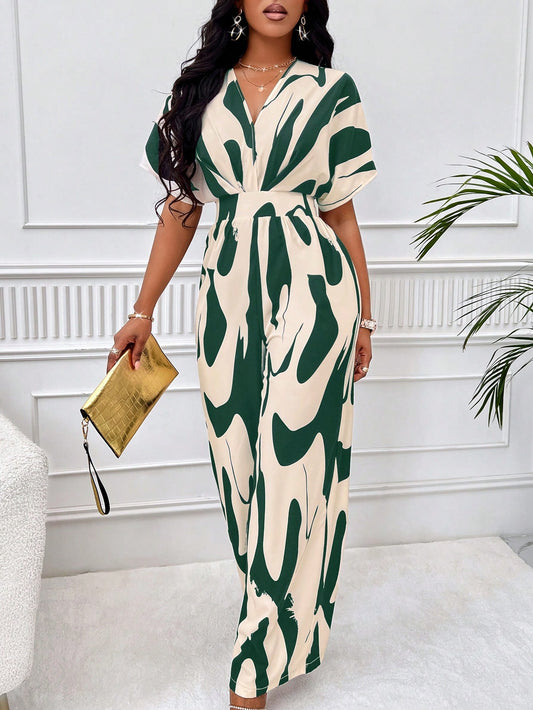 SOLERSUN Allover Print Batwing Sleeve Shirt Jumpsuit