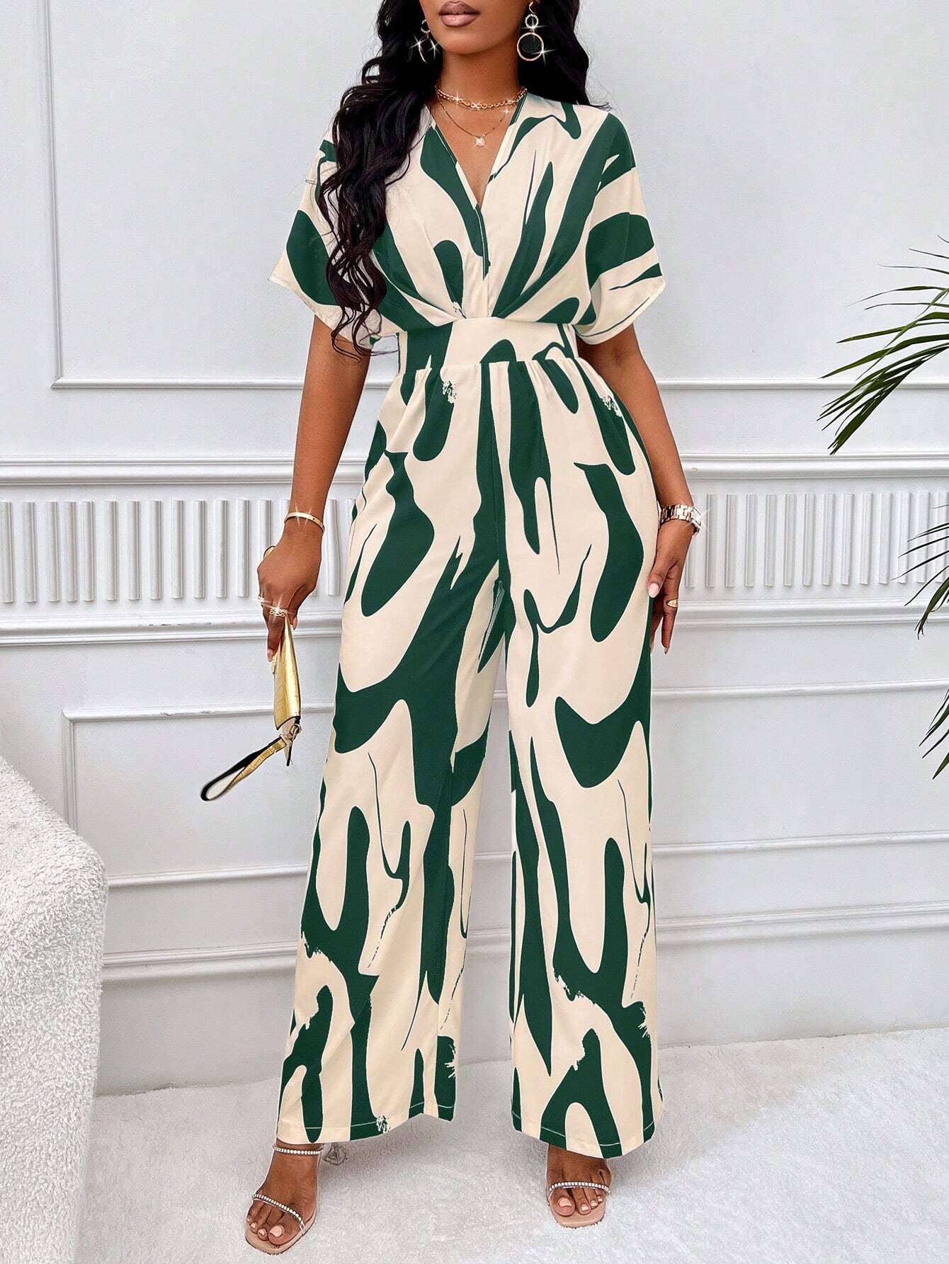SOLERSUN Allover Print Batwing Sleeve Shirt Jumpsuit