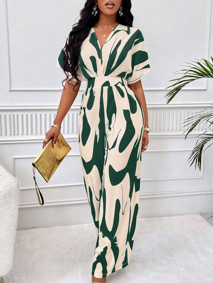 SOLERSUN Allover Print Batwing Sleeve Shirt Jumpsuit