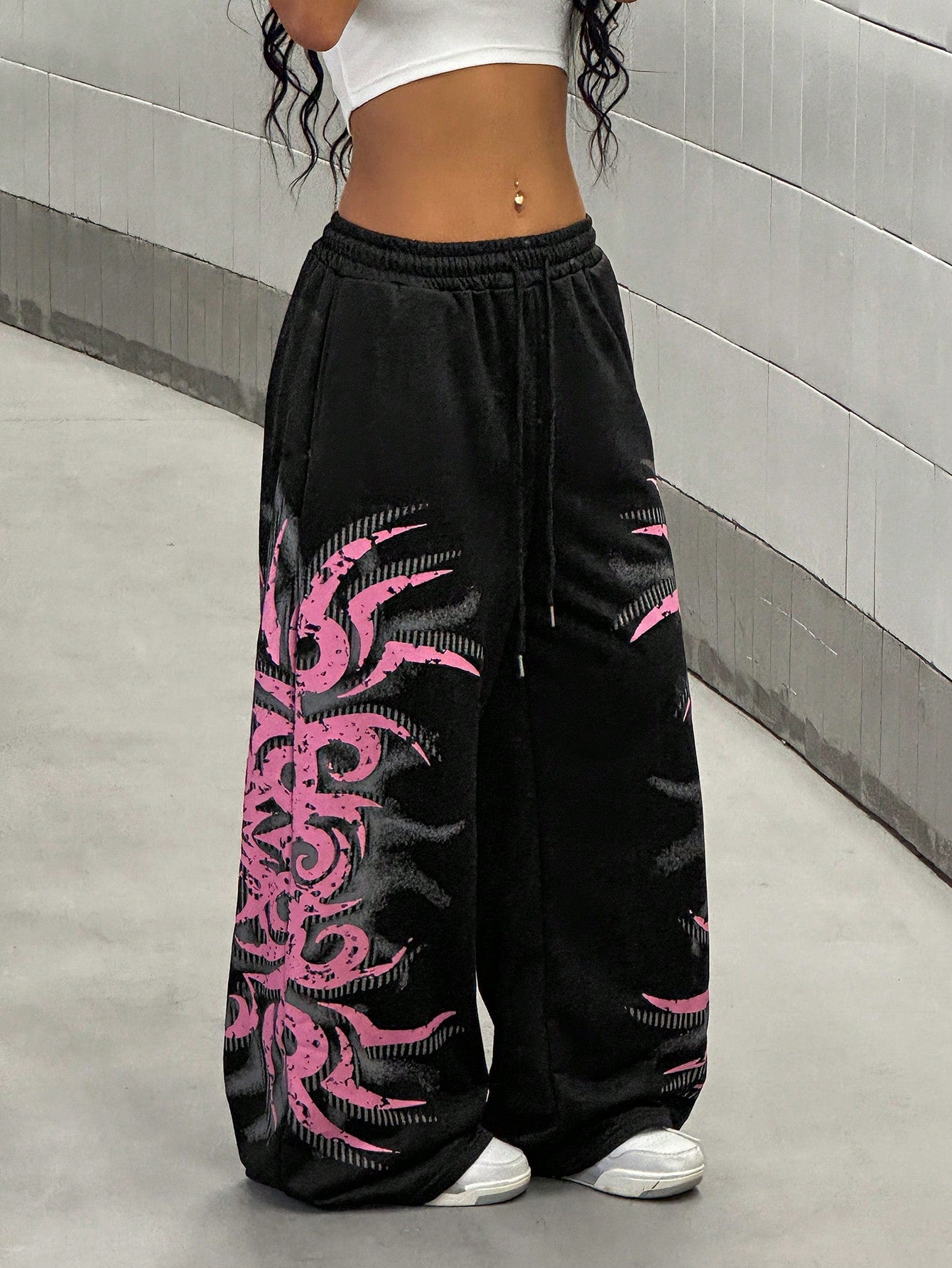 Streethx Women'S Black Dark Punk Streetwear Oversized Music Festival Pink Gothic Print Pants, Spring/Summer