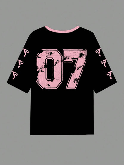 Slaydiva 07 Jersey Butterfly Tie Shirt Casual Letter & Number Graphic T-Shirt for Women, Suitable for Summer