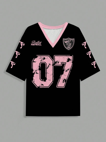 Slaydiva 07 Jersey Butterfly Tie Shirt Casual Letter & Number Graphic T-Shirt for Women, Suitable for Summer