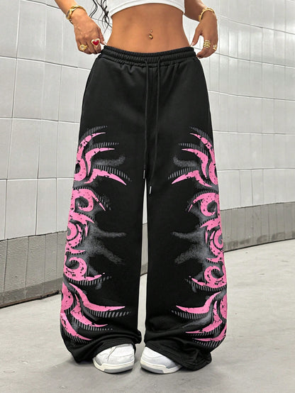 Streethx Women'S Black Dark Punk Streetwear Oversized Music Festival Pink Gothic Print Pants, Spring/Summer